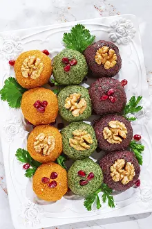 Nutritious Vegetable Dishes Prints: Assortment of Pkhali, pumpkin, spinach and beetroot