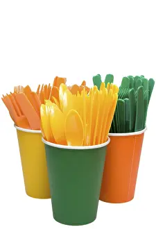 Uninhabited Dining Area Prints: An assortment of Plastic Silverware in paper cups