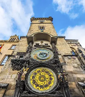 Prints of Astronomical clock on Town Hall Tower, Old Town Hall, Old Town Square, historic centre, Prague, Bohemia, Czech Republic Prague Prints: Astronomical Clock Print, Prague Town Hall Tower