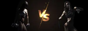 Bodybuilding Concept Image Prints: Two athletes posing against a black background
