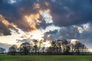Atmospheric Cloudy Sky Prints: Atmospheric sunset with cloudy sky and trees and fields in the foreground