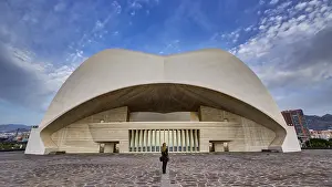 Prints of Auditorio de Tenerife, Anvangarde opera house by Spanish architect Calatrava, front view of a modern building with a large entrance under a partly cloudy sky, capital, Santa Cruz de Tenerife Opera Prints: Auditorio de Tenerife Print, Santa Cruz de Tenerife, Spain