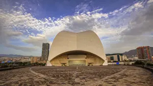 Prints of Auditorio de Tenerife, Anvangardist opera house by Spanish architect Calatrava, central building with large curved arches under a cloudy blue sky, capital, Santa Cruz de Tenerife, Santa Cruz Opera Prints: Auditorio de Tenerife Print, Santa Cruz de Tenerife, Spain