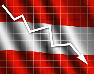 Empty European Landscapes Prints: The Austrian flag and arrow graph going down