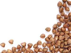 Healthy Food Concept Prints: Background of buckwheat with copy space