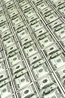 US Dollar Note Background Prints: Background of rows hundred dollars bank notes