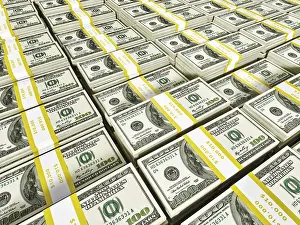 White Background Finance Prints: Background of rows of US dollars bundles