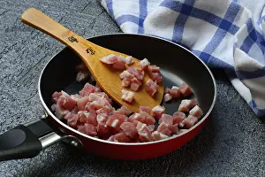 Food Photography Bacon Prints: Bacon, bacon cubes in pan