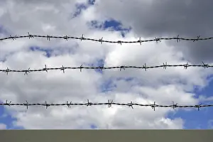 Blue Sky Europe Prints: Barbed wire, blue sky with clouds in the background