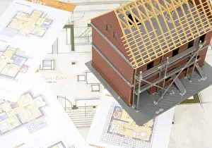 Brick Building Construction Prints: Bare brickwork model with construction plan