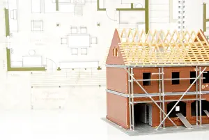 House Building Process Prints: Bare brickwork model with construction plan