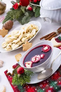 Polish Beetroot Soup Prints: Barszcz (beetroot soup) with small pierogi