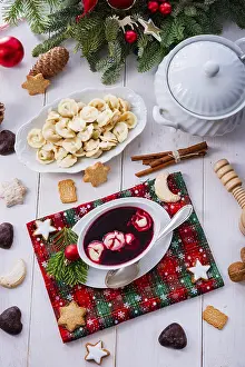 Polish Beetroot Soup Prints: Barszcz (beetroot soup) with small pierogi
