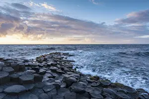 County Antrim Landscape Prints: Basalt columns by the coast at sunset