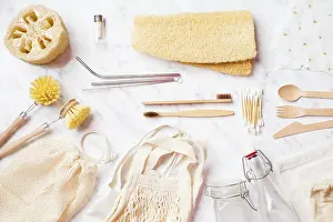 Environmentally Friendly Products Prints: Basic zero waste set for living on light marble background