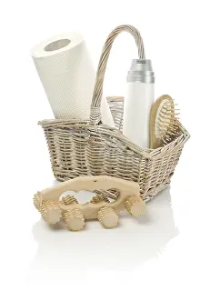 Personal Hygiene Items Prints: Basket with objects and masseur
