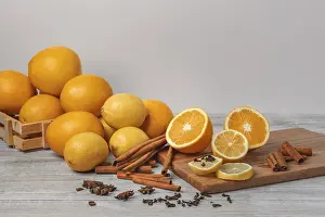 Bright Background Copy Space Prints: Basket with oranges and lemons