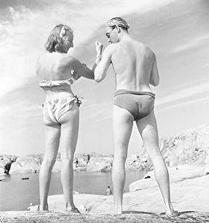 Scandinavian Beach Scene Prints: On the beach in the 1940s