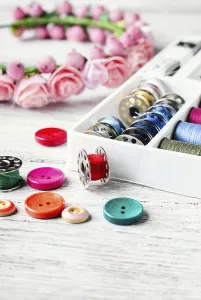 Needlework Supplies Prints: Beads, thread and bobbins for needlework