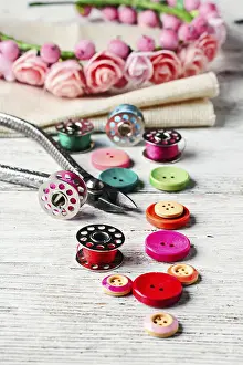 Needlework Supplies Prints: Beads, thread and bobbins for needlework