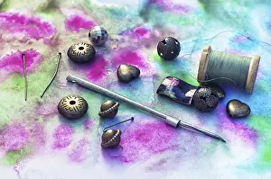 Handicraft Accessories Prints: Beads and tools for needlework on bright background