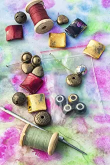 Elegant Female Fashion Prints: Beads and tools for needlework on bright background