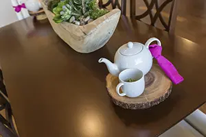 Modern Farmhouse Kitchen Prints: Beautiful abstract of inviting table setting with tea and kettle