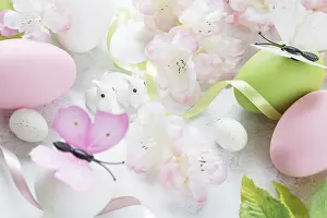 Easter Bunny Figurine Prints: Beautiful delicate Easter composition with pink cherry flowers