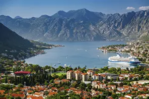 Prints of Beautiful Montenegro's Kotor town and Kotor bay with big cruise ship from an aerial viewpoint Beautiful Montenegro's Kotor town and Kotor bay with big cruise ship from an aerial viewpoint Montenegro Prints: Aerial View of Kotor Bay and Town Print