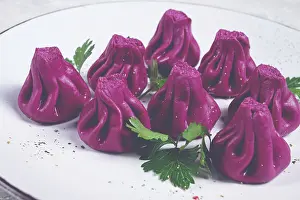 Caucasus Mountain Scenery Prints: Beetroot khinkali, mini khinkali
