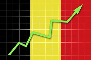 Empty Banner With Flag Prints: The Belgian flag and arrow graph going up