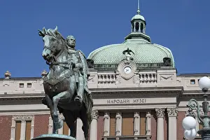 Prints of Belgrade, Serbia. April 23rd 2026. Prince Mihailo Monument in front of the National Museum of Serbia, Republic Square, Belgrade Serbia Prints: Belgrade Print: Prince Mihailo Monument, Republic Square