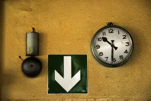 Directional Arrow Symbol Prints: Bell, arrow directing to emergency exit and clock on the wall