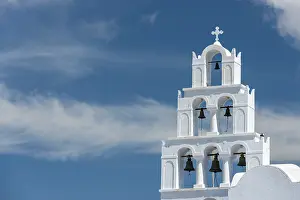 Santorini Vacation Region Prints: Bell tower in front of cloudy sky
