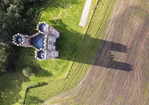 Prints of The Belvedere Tower over Powderham Park from a drone, Powderham Castle, Exeter, Devon, England, United Kingdom Exeter Prints: The Belvedere Tower Print over Powderham Park from a Drone