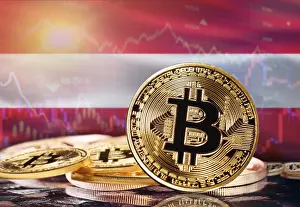Cryptocurrency Market Concept Prints: Bitcoin with Austria flag in the background