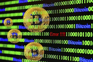 Computer Virus Concept Prints: Bitcoin, binary code with lettering Error