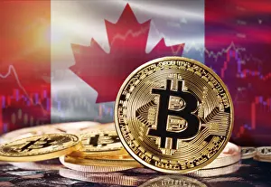 Blockchain Technology Prints: Bitcoin with Canada flag in the background