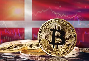 Blockchain Technology Europe Prints: Bitcoin with Denmark flag in the background