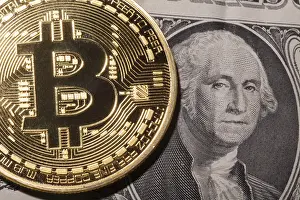 Blockchain Technology Image Prints: One Bitcoin on dollar banknote
