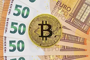 Blockchain Technology Image Prints: Bitcoin and Euro Notes, close up