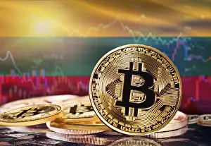 Blockchain Technology Europe Prints: Bitcoin with Lithuania flag in the background
