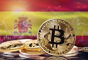 Digital Currency Symbolism Prints: Bitcoin with Spain flag in the background