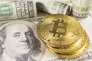 Digital Currency Symbol Prints: Bitcoin stack and banknotes of one hundred dollar