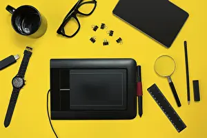 Office Supplies Prints: Black objects from the office on a yellow background