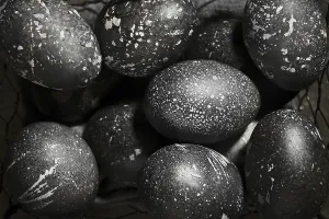 Gray Background Images Prints: Black painted eggs for Easter in a basket