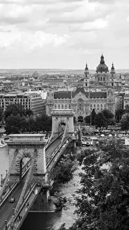 Chain Bridge Hungary Prints: This black and white image captures the panoramic view of Budapest