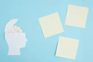 Empty Blue Background Image Prints: Blank sticky notes with brain open head blue background