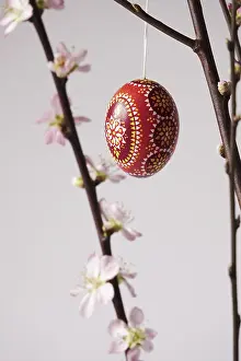Central Europe Spring Scene Prints: Blooming branches of a peach tree in a vase decorated with Easter egg