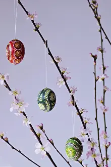 Easter Egg Vase Prints: Blooming branches of a peach tree in a vase decorated with Easter eggs